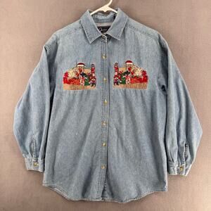 Vtg Lets Quizz Again Christmas Embroidered Denim Button Down Shirt Womens M Blue